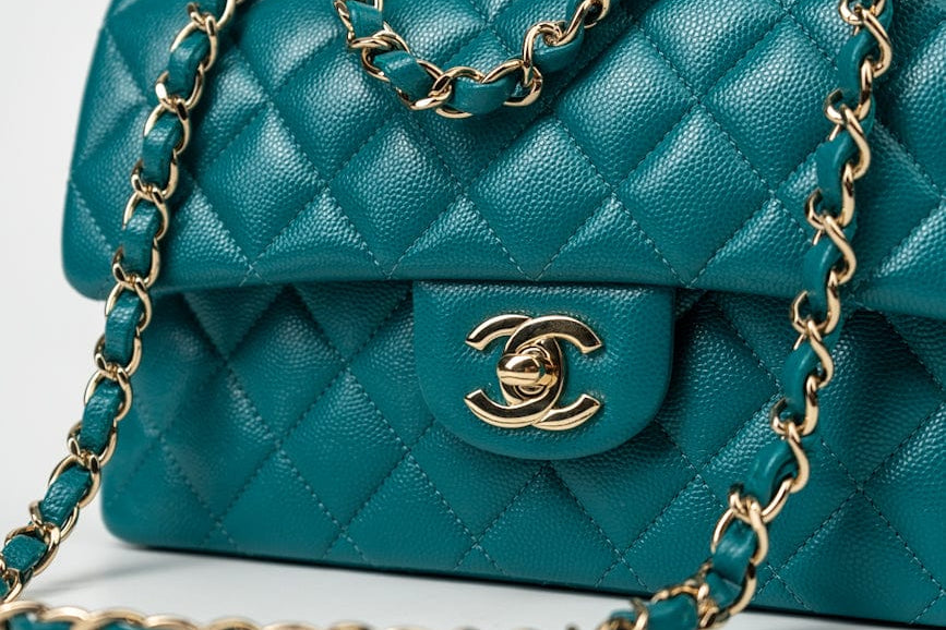 CHANEL Handbag 21C Dark Teal Caviar Quilted Classic Double Flap Small Light Gold Hardware - Redeluxe