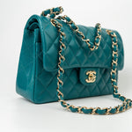CHANEL Handbag 21C Dark Teal Caviar Quilted Classic Double Flap Small Light Gold Hardware - Redeluxe