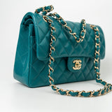 CHANEL Handbag 21C Dark Teal Caviar Quilted Classic Double Flap Small Light Gold Hardware - Redeluxe