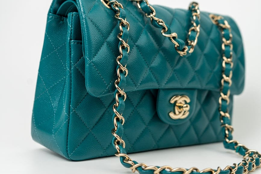 CHANEL Handbag 21C Dark Teal Caviar Quilted Classic Double Flap Small Light Gold Hardware - Redeluxe