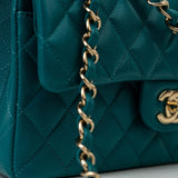 CHANEL Handbag 21C Dark Teal Caviar Quilted Classic Double Flap Small Light Gold Hardware - Redeluxe