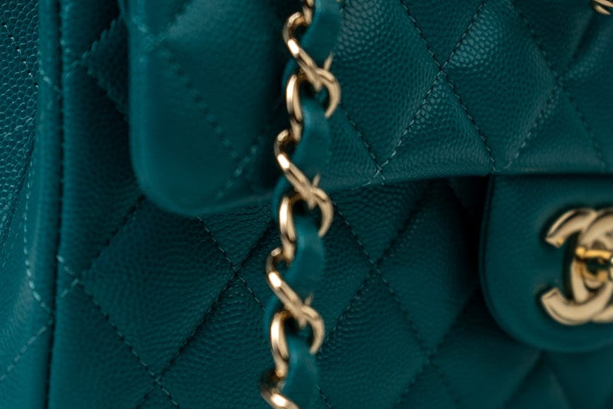 CHANEL Handbag 21C Dark Teal Caviar Quilted Classic Double Flap Small Light Gold Hardware - Redeluxe