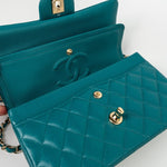 CHANEL Handbag 21C Dark Teal Caviar Quilted Classic Double Flap Small Light Gold Hardware - Redeluxe