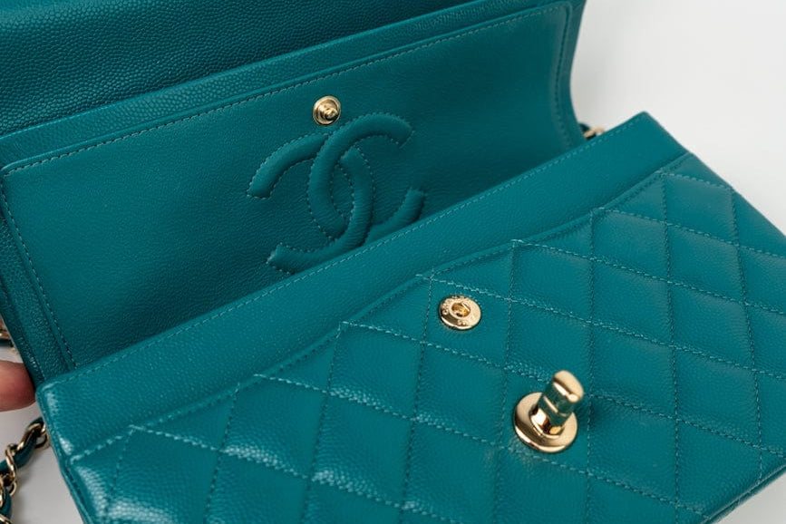 CHANEL Handbag 21C Dark Teal Caviar Quilted Classic Double Flap Small Light Gold Hardware - Redeluxe
