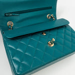 CHANEL Handbag 21C Dark Teal Caviar Quilted Classic Double Flap Small Light Gold Hardware - Redeluxe