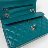 CHANEL Handbag 21C Dark Teal Caviar Quilted Classic Double Flap Small Light Gold Hardware - Redeluxe
