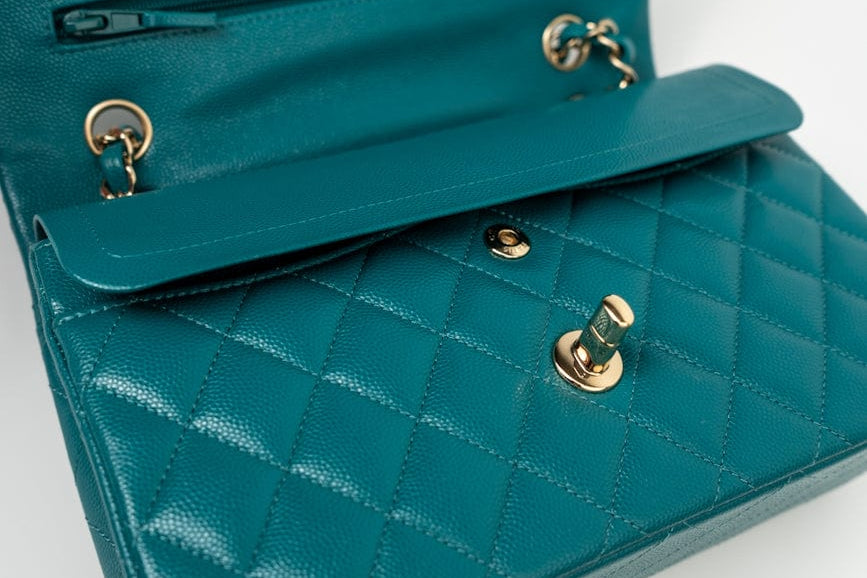 CHANEL Handbag 21C Dark Teal Caviar Quilted Classic Double Flap Small Light Gold Hardware - Redeluxe