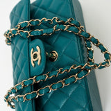CHANEL Handbag 21C Dark Teal Caviar Quilted Classic Double Flap Small Light Gold Hardware - Redeluxe