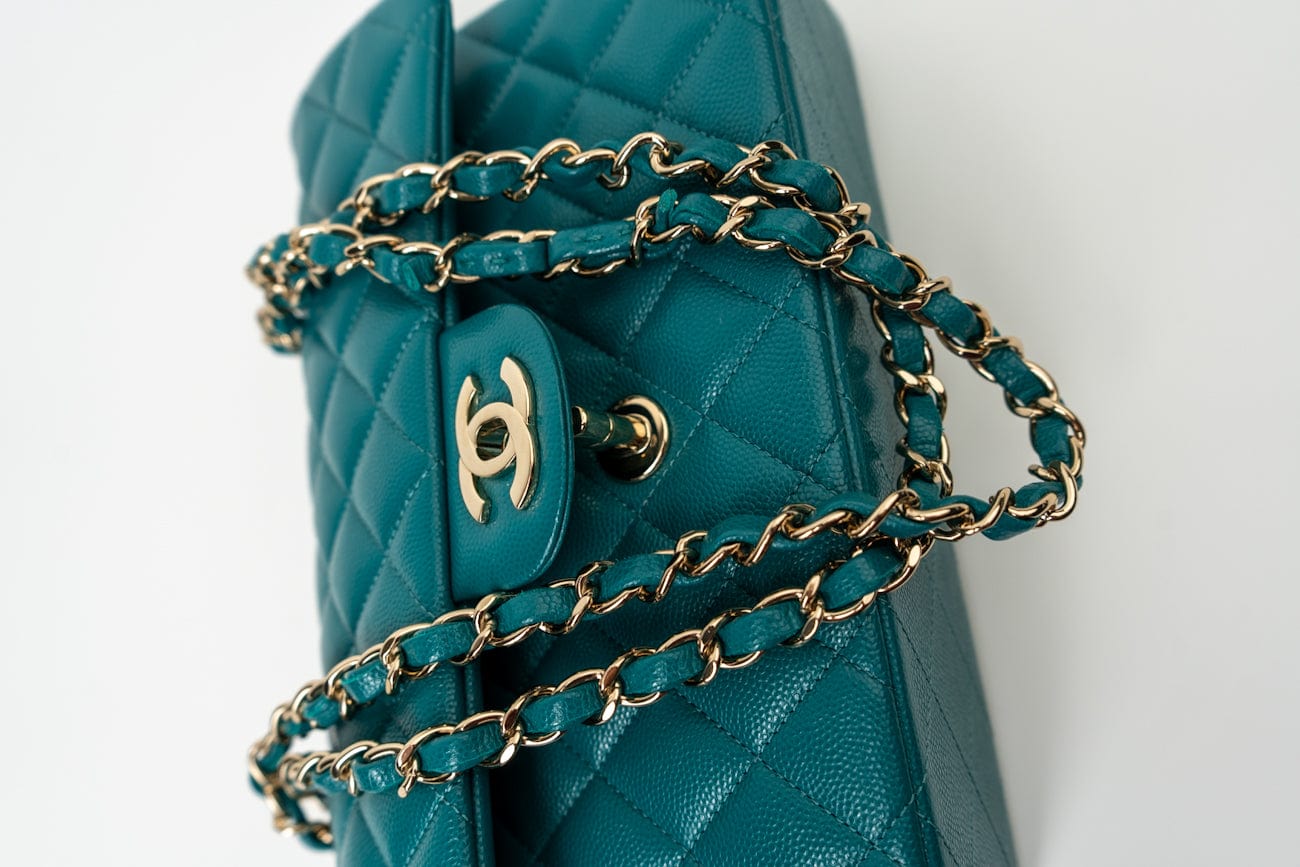 CHANEL Handbag 21C Dark Teal Caviar Quilted Classic Double Flap Small Light Gold Hardware - Redeluxe