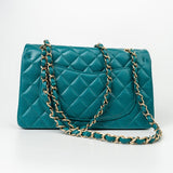 CHANEL Handbag 21C Dark Teal Caviar Quilted Classic Double Flap Small Light Gold Hardware - Redeluxe