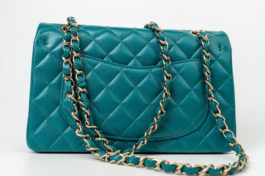 CHANEL Handbag 21C Dark Teal Caviar Quilted Classic Double Flap Small Light Gold Hardware - Redeluxe
