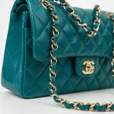 CHANEL Handbag 21C Dark Teal Caviar Quilted Classic Double Flap Small Light Gold Hardware - Redeluxe