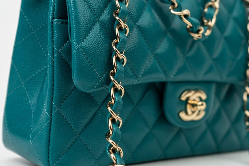 CHANEL Handbag 21C Dark Teal Caviar Quilted Classic Double Flap Small Light Gold Hardware - Redeluxe