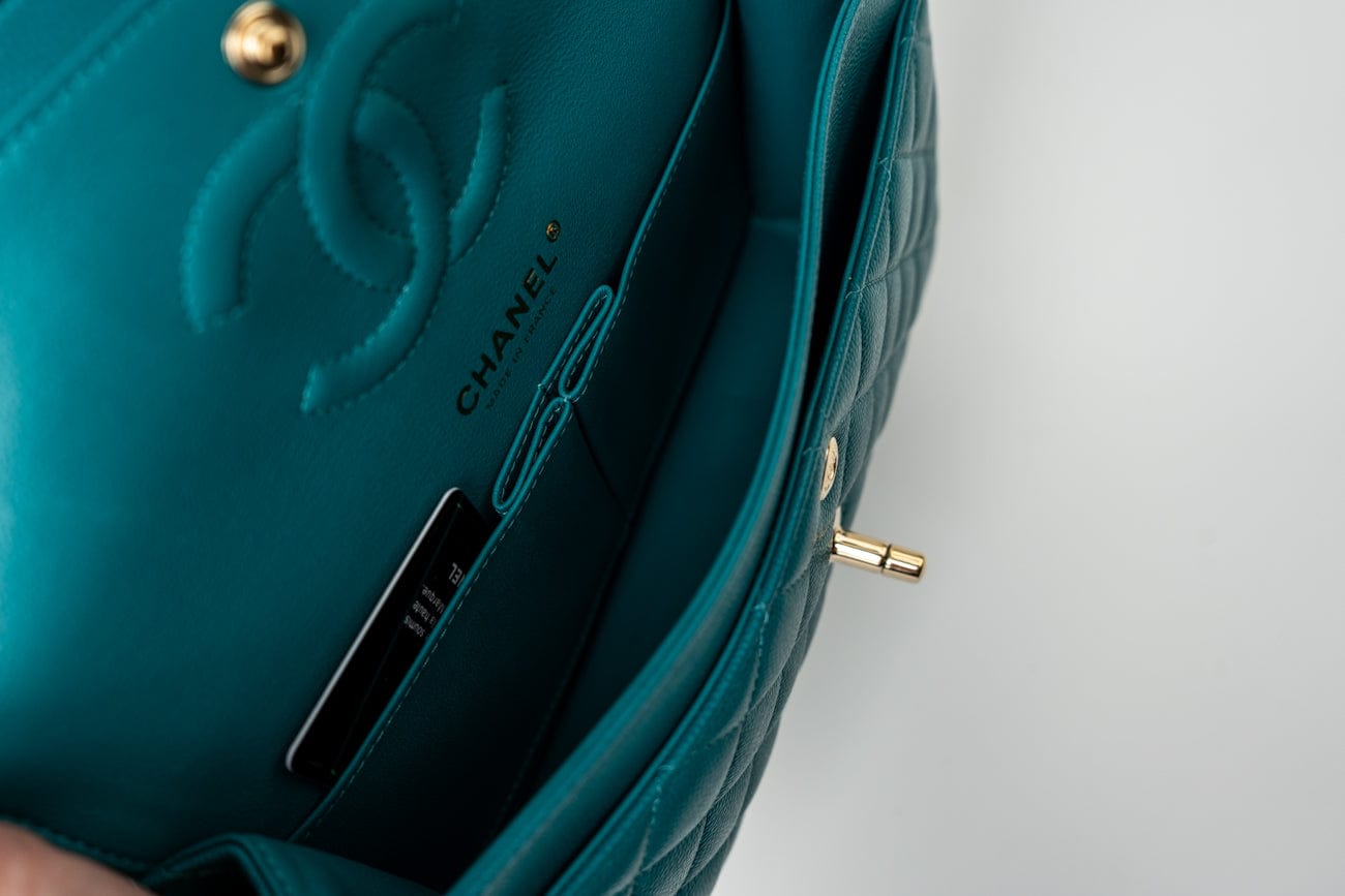 CHANEL Handbag 21C Dark Teal Caviar Quilted Classic Double Flap Small Light Gold Hardware - Redeluxe