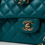 CHANEL Handbag 21C Dark Teal Caviar Quilted Classic Double Flap Small Light Gold Hardware - Redeluxe