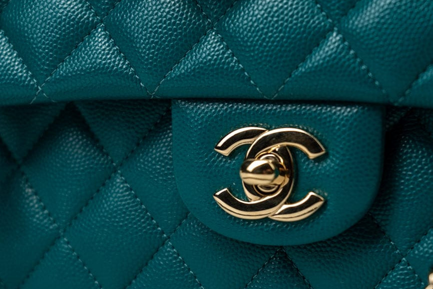 CHANEL Handbag 21C Dark Teal Caviar Quilted Classic Double Flap Small Light Gold Hardware - Redeluxe