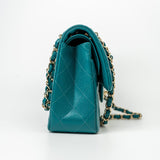 CHANEL Handbag 21C Dark Teal Caviar Quilted Classic Double Flap Small Light Gold Hardware - Redeluxe