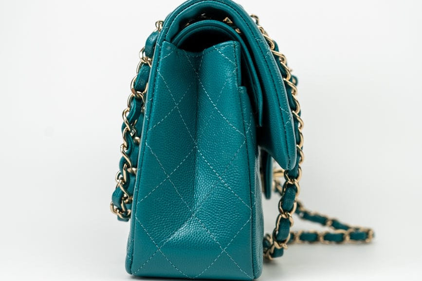 CHANEL Handbag 21C Dark Teal Caviar Quilted Classic Double Flap Small Light Gold Hardware - Redeluxe
