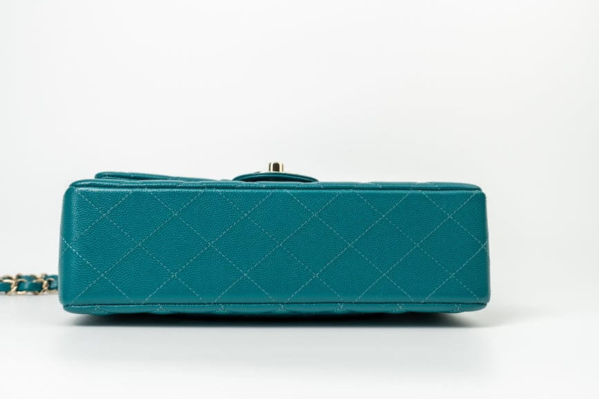 CHANEL Handbag 21C Dark Teal Caviar Quilted Classic Double Flap Small Light Gold Hardware - Redeluxe