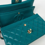 CHANEL Handbag 21C Dark Teal Caviar Quilted Classic Double Flap Small Light Gold Hardware - Redeluxe