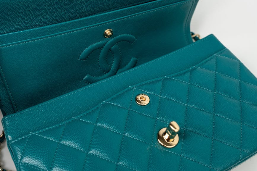 CHANEL Handbag 21C Dark Teal Caviar Quilted Classic Double Flap Small Light Gold Hardware - Redeluxe