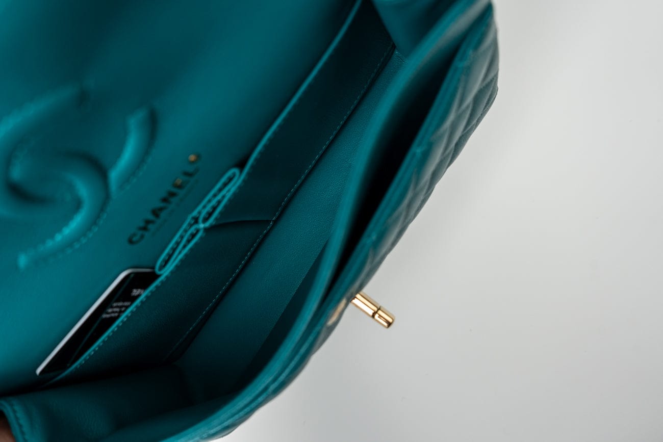 CHANEL Handbag 21C Dark Teal Caviar Quilted Classic Double Flap Small Light Gold Hardware - Redeluxe