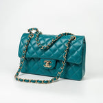 CHANEL Handbag 21C Dark Teal Caviar Quilted Classic Double Flap Small Light Gold Hardware - Redeluxe