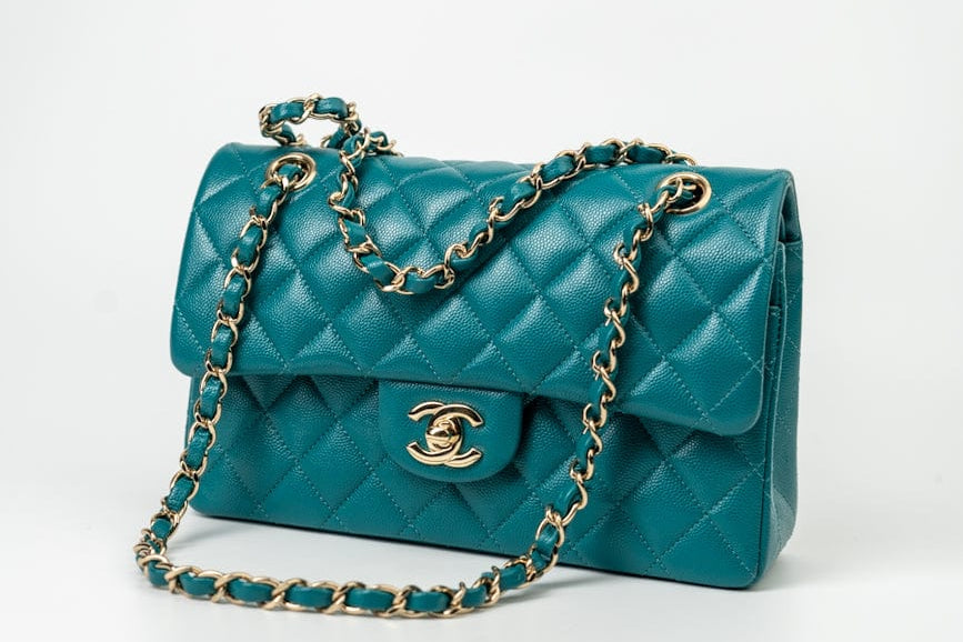 CHANEL Handbag 21C Dark Teal Caviar Quilted Classic Double Flap Small Light Gold Hardware - Redeluxe