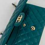CHANEL Handbag 21C Dark Teal Caviar Quilted Classic Double Flap Small Light Gold Hardware - Redeluxe