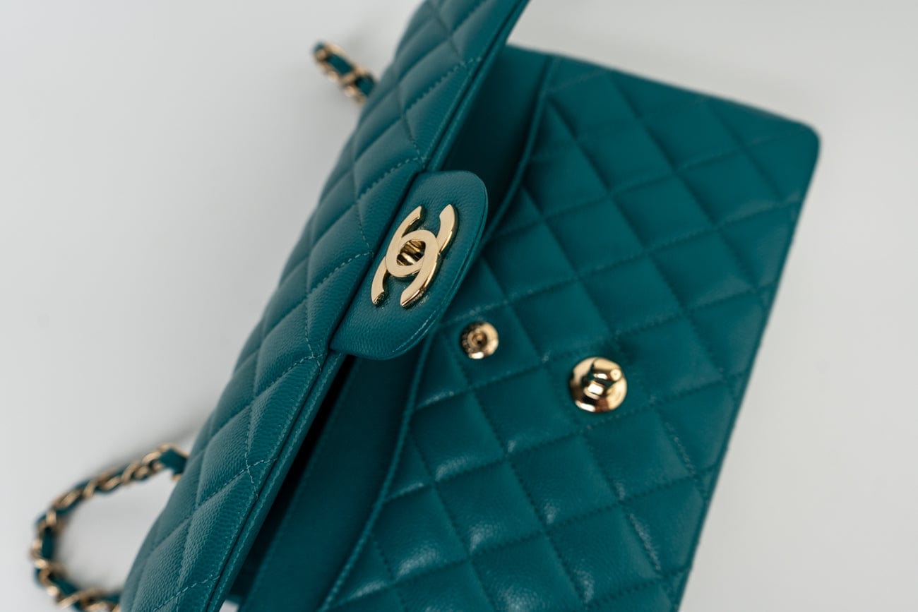 CHANEL Handbag 21C Dark Teal Caviar Quilted Classic Double Flap Small Light Gold Hardware - Redeluxe