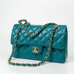 CHANEL Handbag 21C Dark Teal Caviar Quilted Classic Double Flap Small Light Gold Hardware - Redeluxe