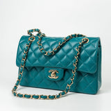 CHANEL Handbag 21C Dark Teal Caviar Quilted Classic Double Flap Small Light Gold Hardware - Redeluxe