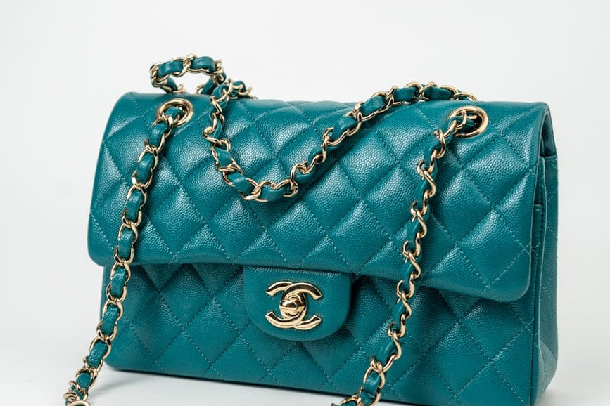 CHANEL Handbag 21C Dark Teal Caviar Quilted Classic Double Flap Small Light Gold Hardware - Redeluxe
