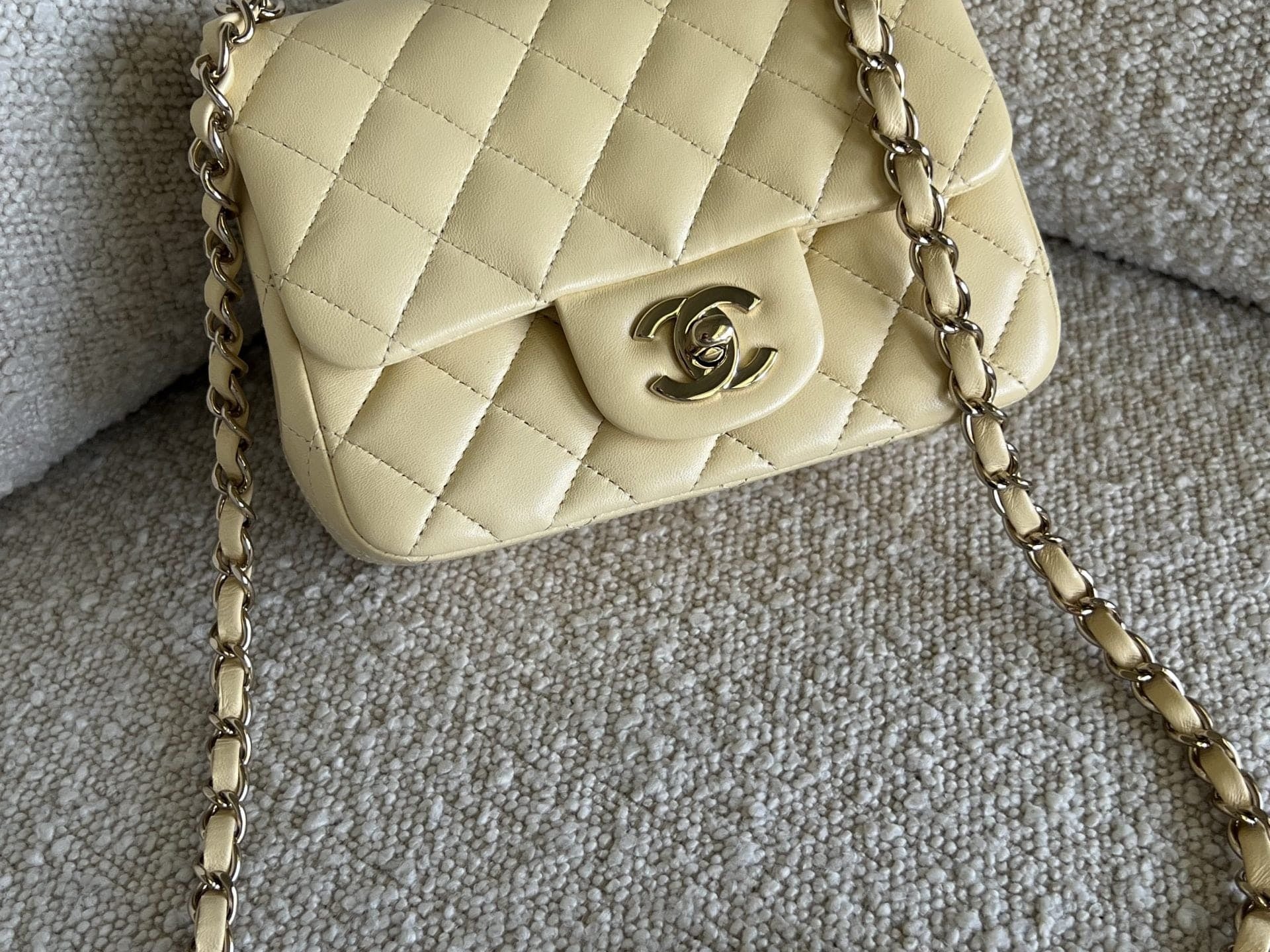 CHANEL Handbag 21C Mini Square Yellow Lambskin Quilted Single Flap LGHW - Redeluxe