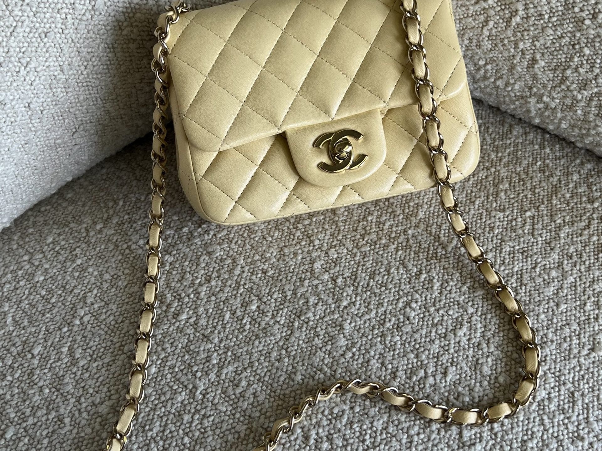 CHANEL Handbag 21C Mini Square Yellow Lambskin Quilted Single Flap LGHW - Redeluxe