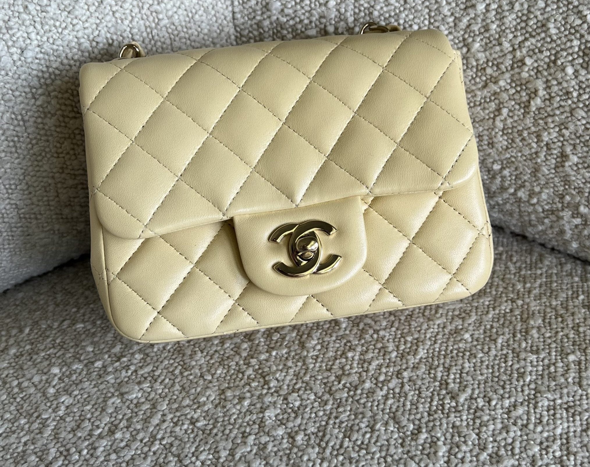 CHANEL Handbag 21C Mini Square Yellow Lambskin Quilted Single Flap LGHW - Redeluxe