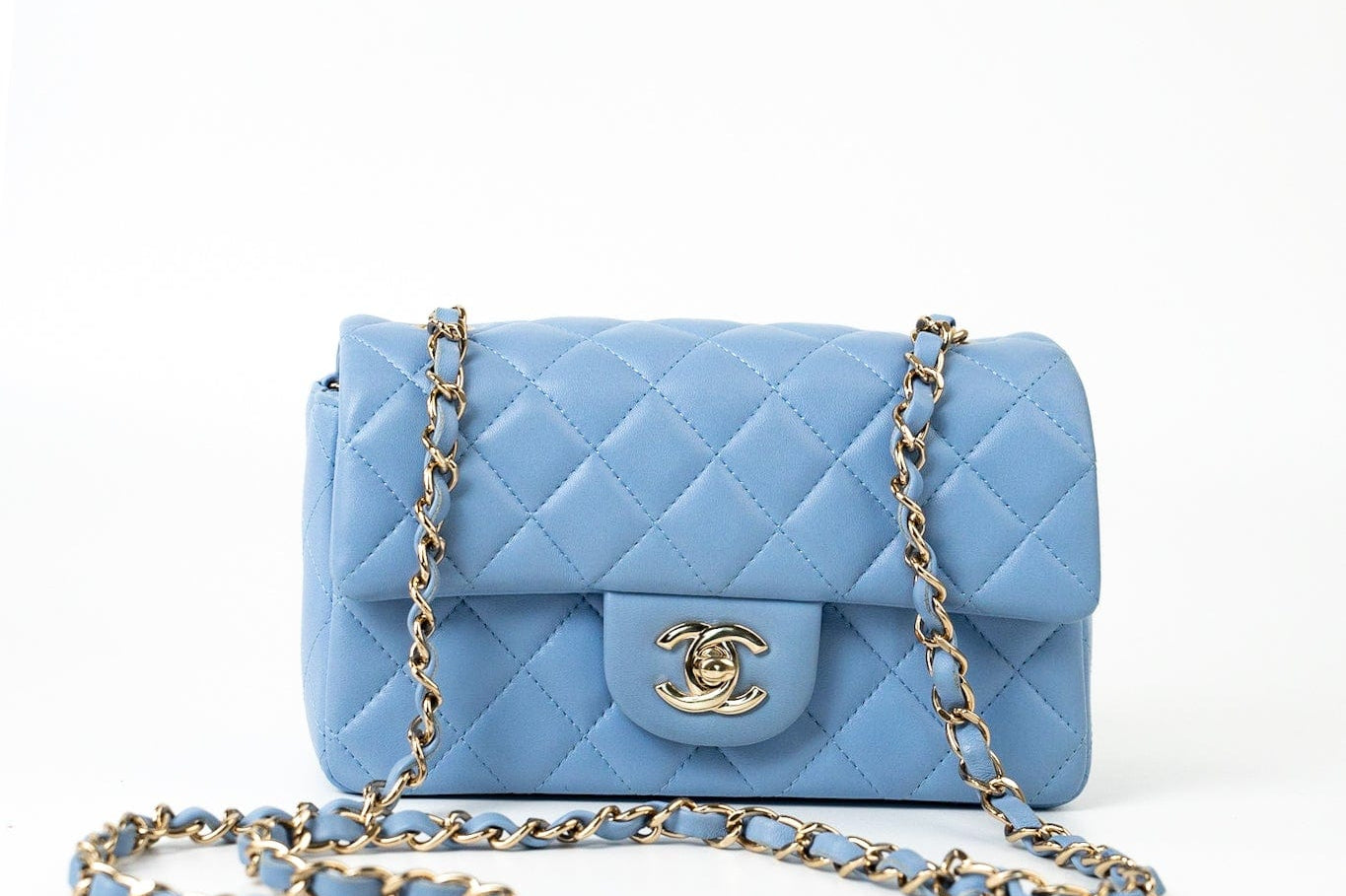 CHANEL Handbag 21C Sky Blue Lambskin Quilted Mini Rectangular Flap Light Gold Hardware - Redeluxe