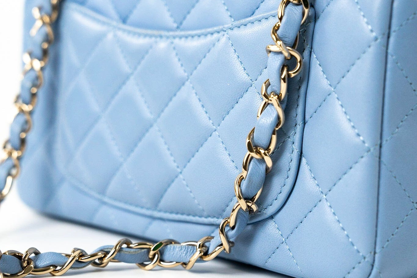 CHANEL Handbag 21C Sky Blue Lambskin Quilted Mini Rectangular Flap Light Gold Hardware - Redeluxe