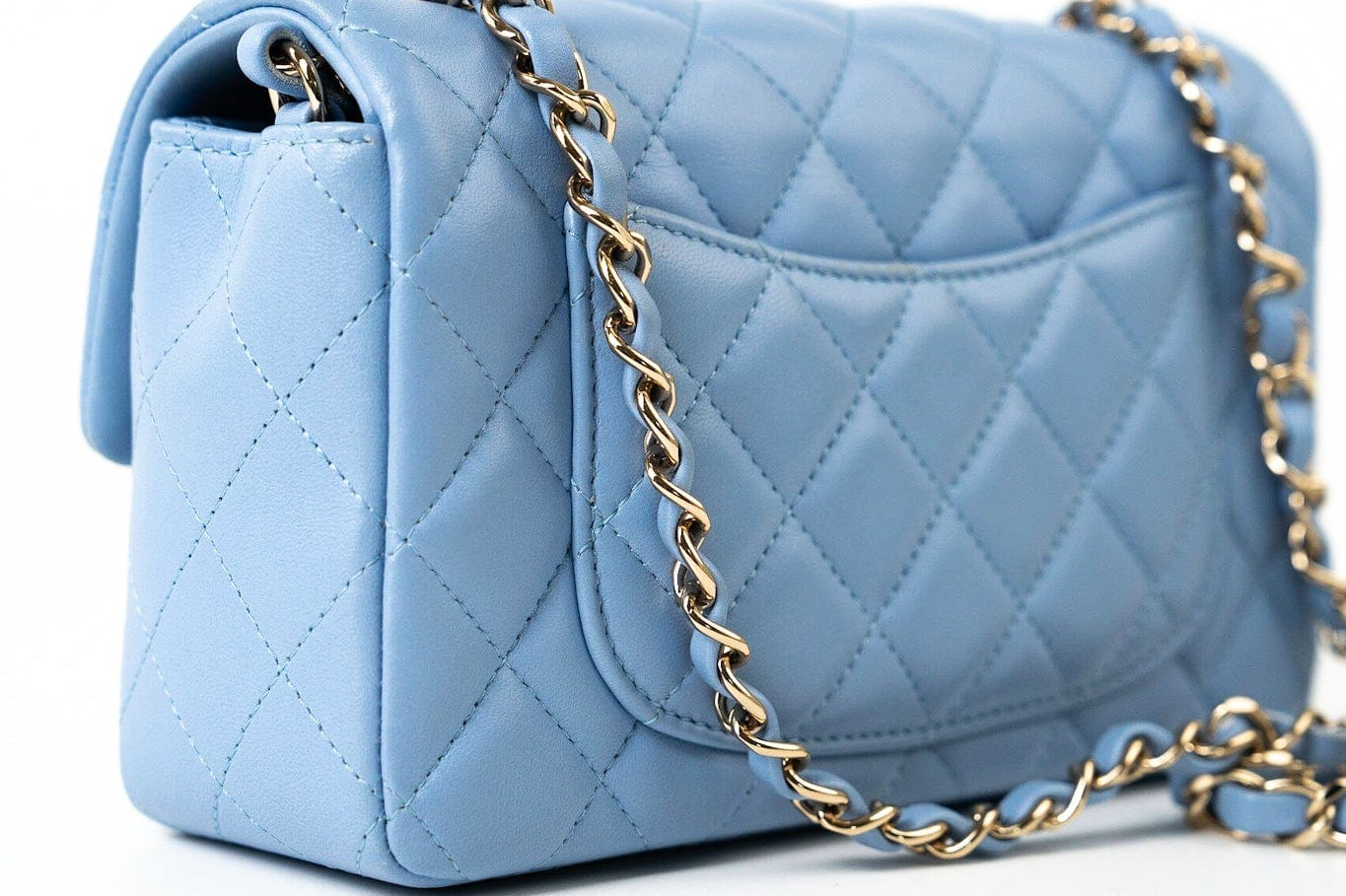 CHANEL Handbag 21C Sky Blue Lambskin Quilted Mini Rectangular Flap Light Gold Hardware - Redeluxe