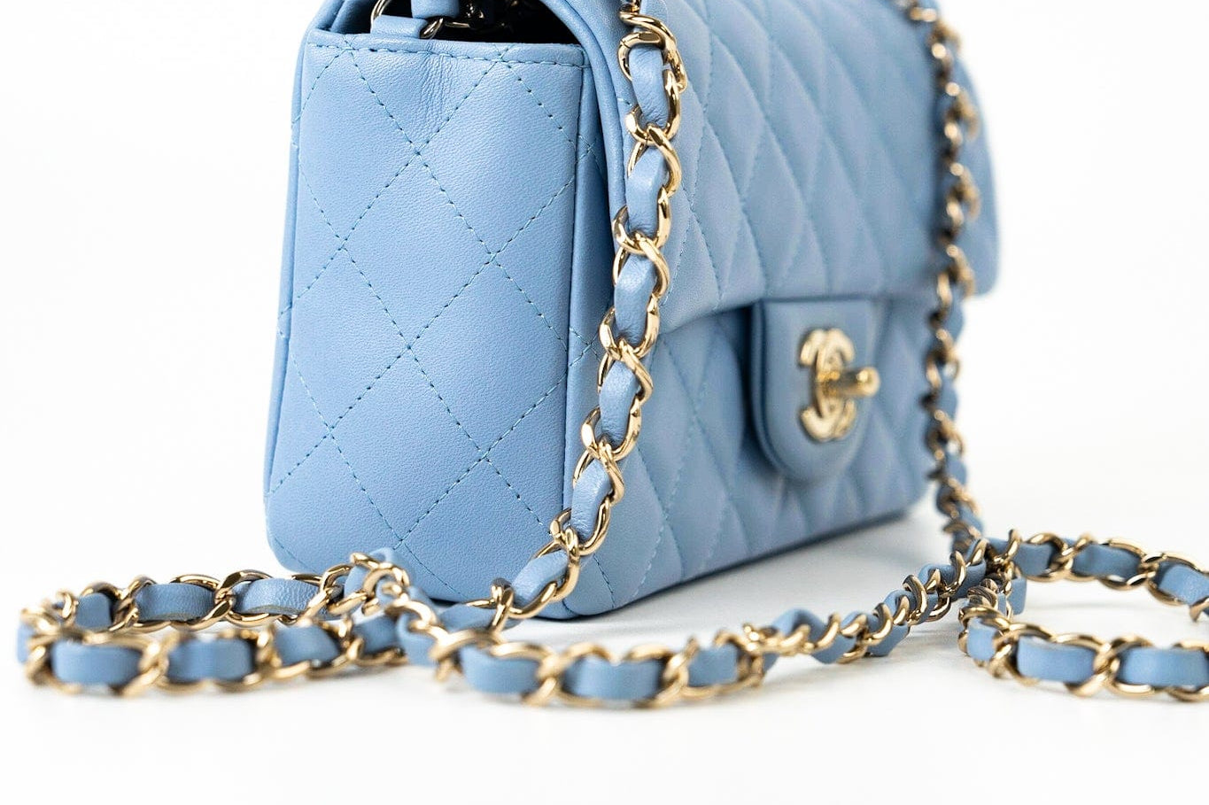 CHANEL Handbag 21C Sky Blue Lambskin Quilted Mini Rectangular Flap Light Gold Hardware - Redeluxe