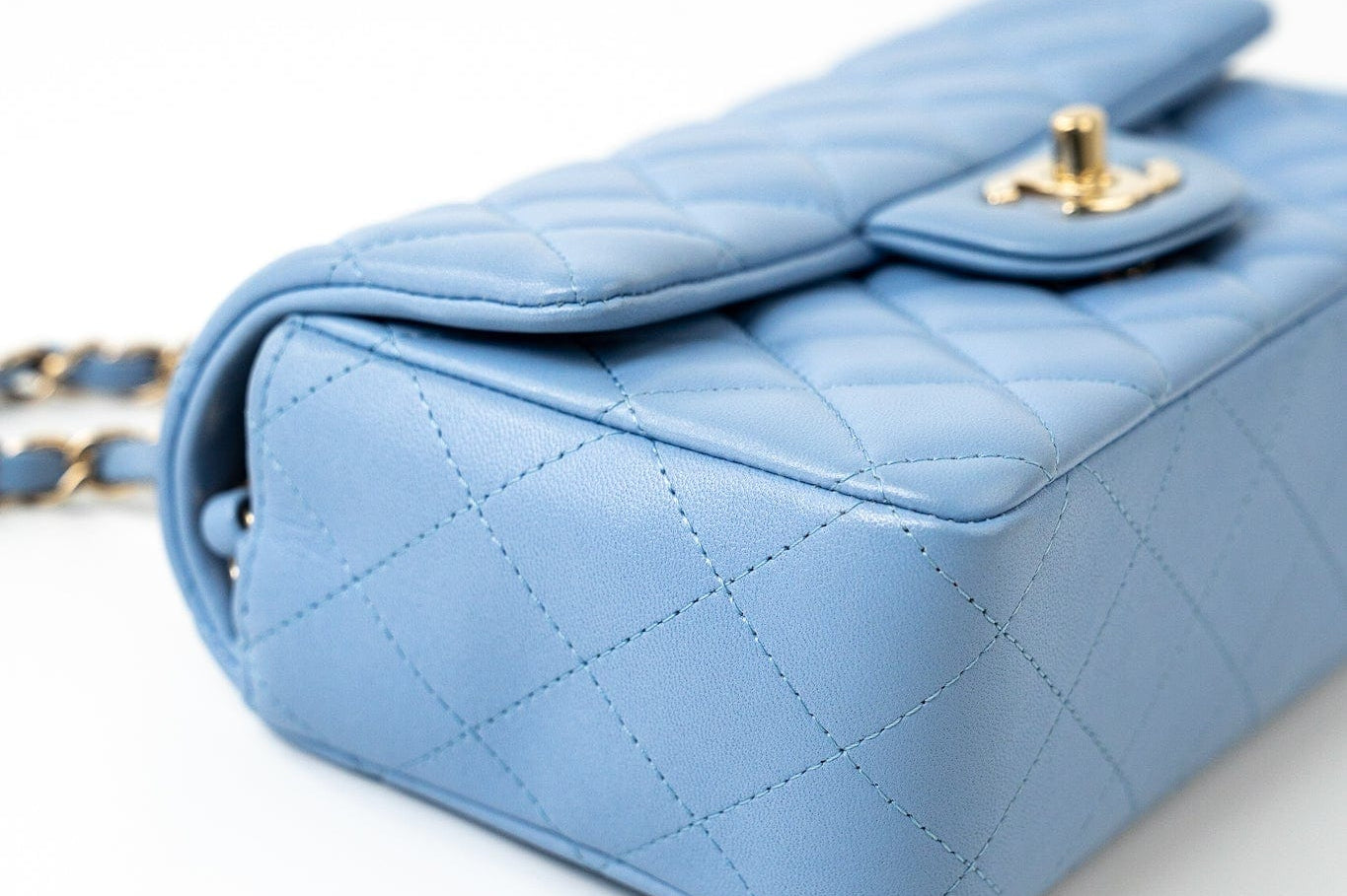 CHANEL Handbag 21C Sky Blue Lambskin Quilted Mini Rectangular Flap Light Gold Hardware - Redeluxe