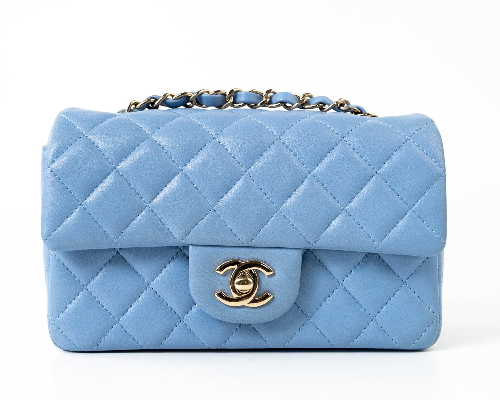 CHANEL Handbag 21C Sky Blue Lambskin Quilted Mini Rectangular Flap Light Gold Hardware - Redeluxe