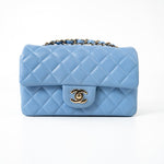 CHANEL Handbag 21C Sky Blue Lambskin Quilted Mini Rectangular Flap Light Gold Hardware - Redeluxe