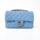 CHANEL Handbag 21C Sky Blue Lambskin Quilted Mini Rectangular Flap Light Gold Hardware - Redeluxe