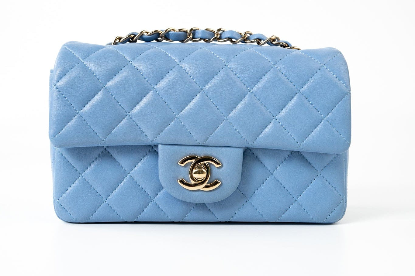 CHANEL Handbag 21C Sky Blue Lambskin Quilted Mini Rectangular Flap Light Gold Hardware - Redeluxe