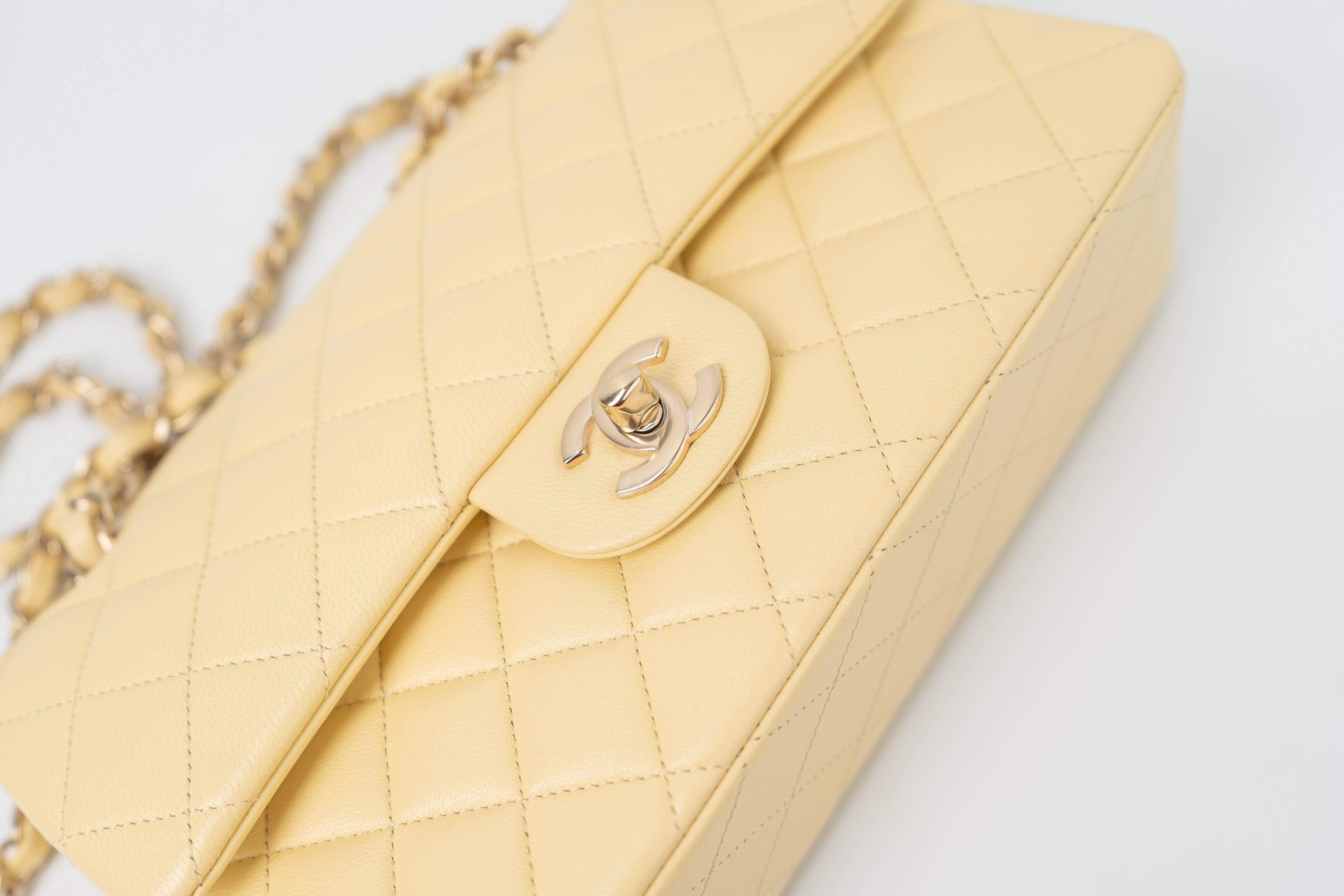 CHANEL Handbag 21C Yellow Lambskin Quilted Classic Flap Small Light Gold Hardware - Redeluxe