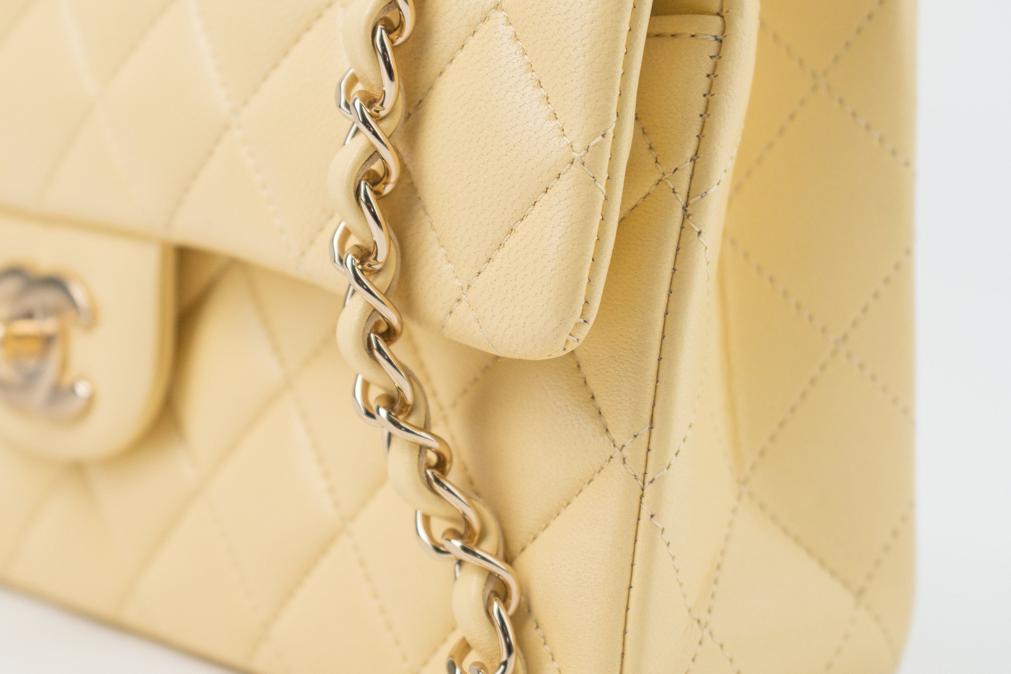 CHANEL Handbag 21C Yellow Lambskin Quilted Classic Flap Small Light Gold Hardware - Redeluxe