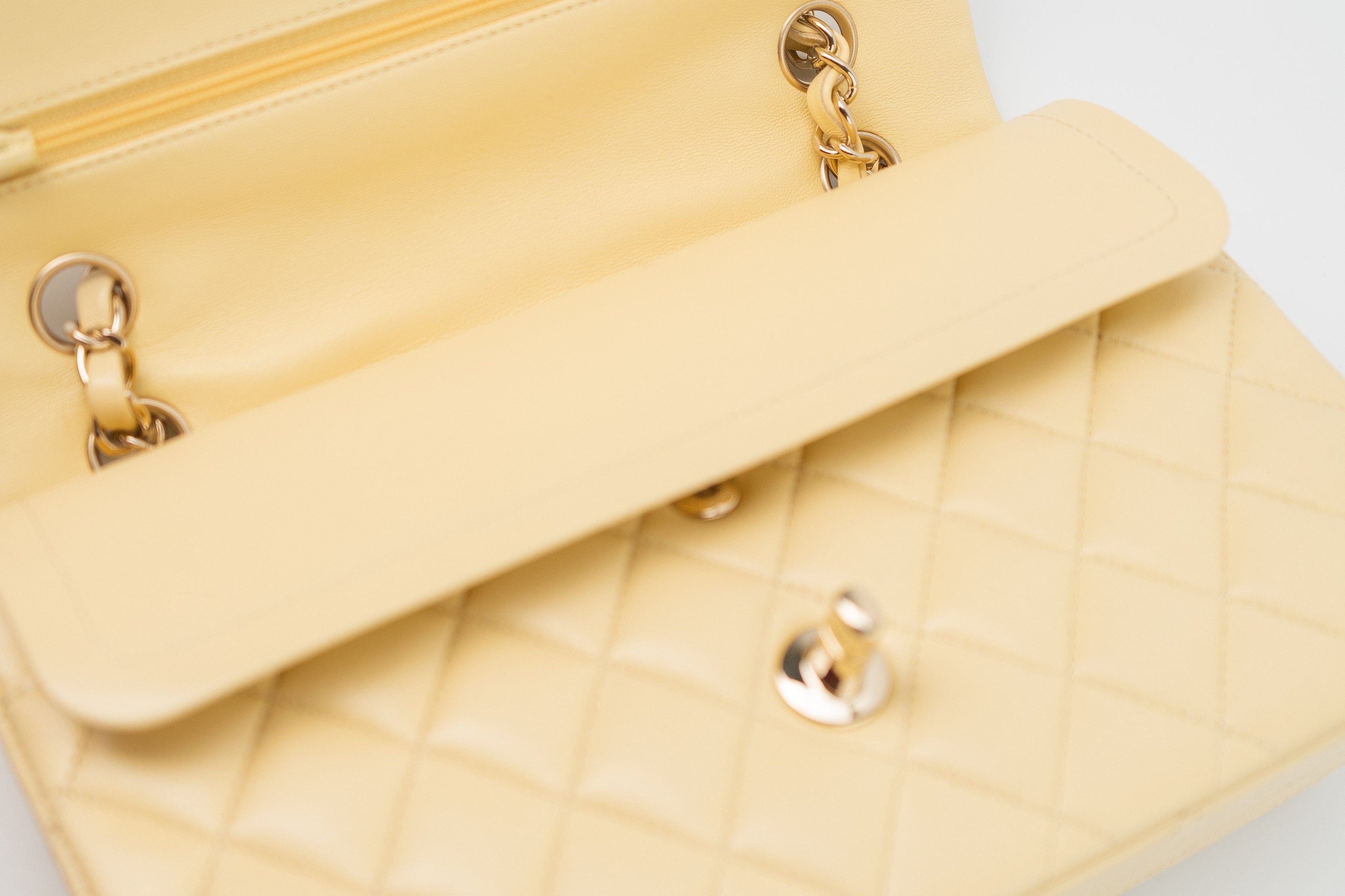 CHANEL Handbag 21C Yellow Lambskin Quilted Classic Flap Small Light Gold Hardware - Redeluxe