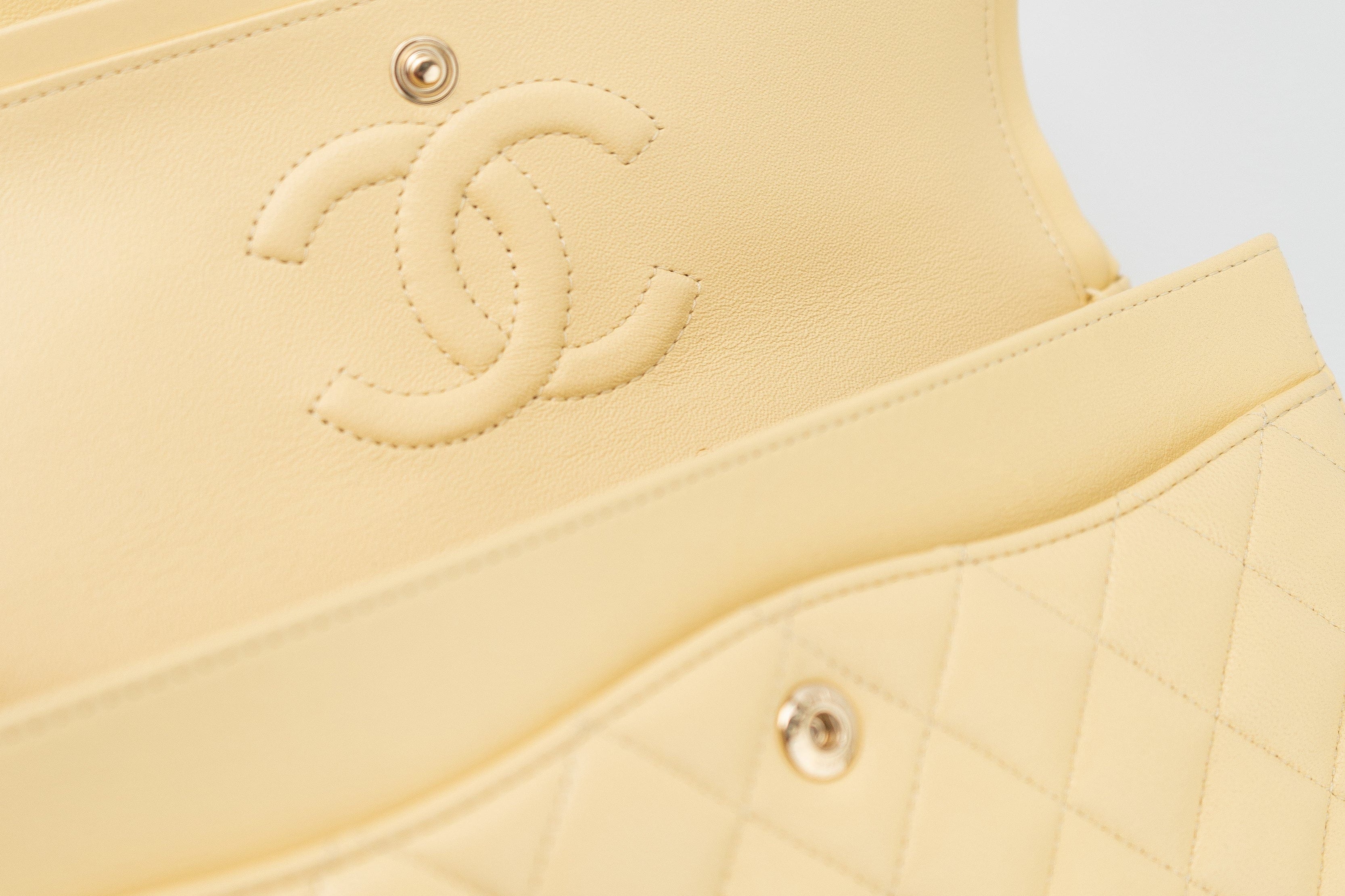 CHANEL Handbag 21C Yellow Lambskin Quilted Classic Flap Small Light Gold Hardware - Redeluxe