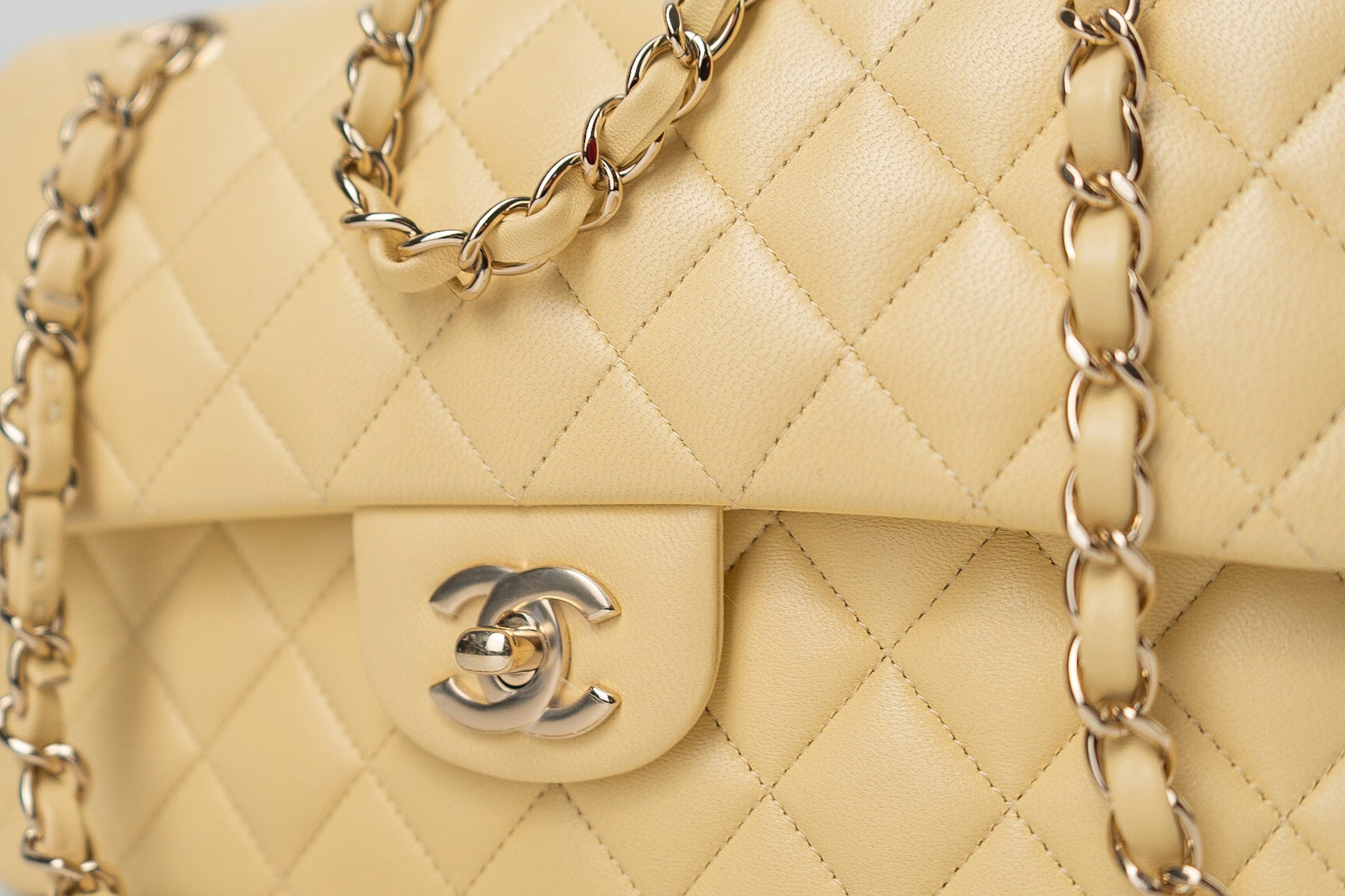 CHANEL Handbag 21C Yellow Lambskin Quilted Classic Flap Small Light Gold Hardware - Redeluxe
